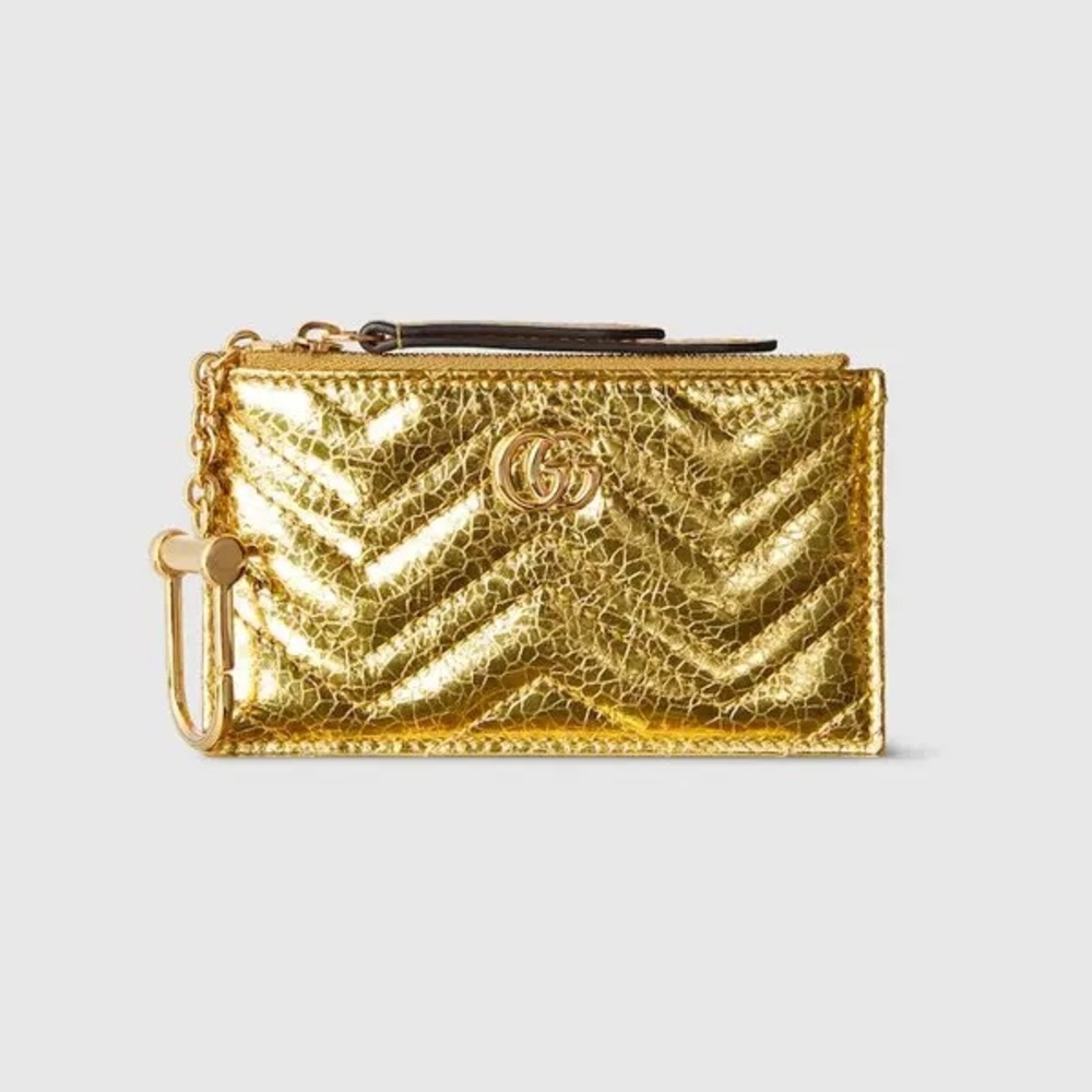Gucci Metallic Gold Chevron Card Case with Chain Clip